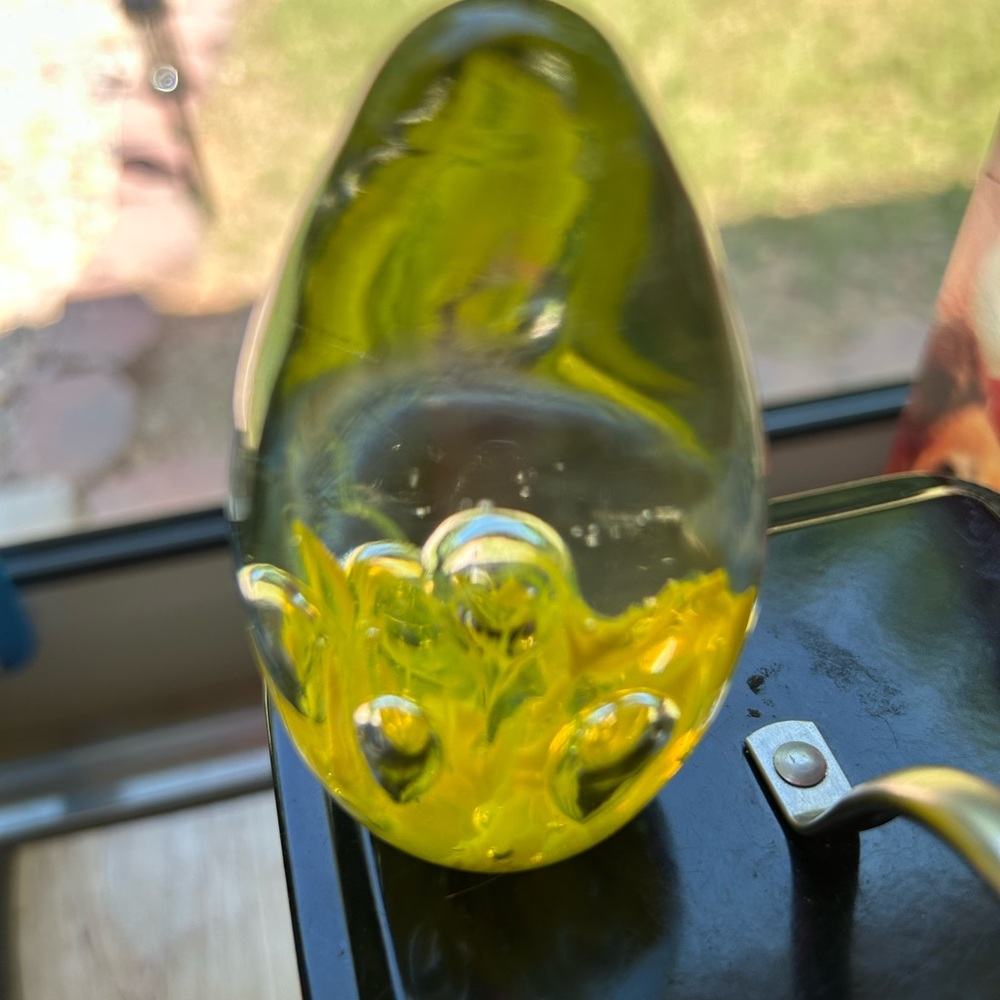 Yellow Swirl Glass Art Egg shaped “Egg Drop Soup”paper weight.